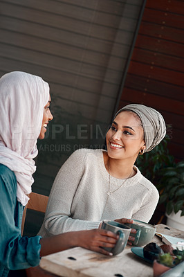 Buy stock photo Friends, coffee and relax with Muslim women in cafe for conversation, food and social. Happy, smile and culture with arabic female customer in restaurant for discussion, happiness and meeting