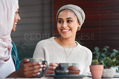 Buy stock photo Friends, coffee and smile with Muslim women in cafe for conversation, food and social. Happy, relax and culture with arabic female customer in restaurant for discussion, happiness and meeting