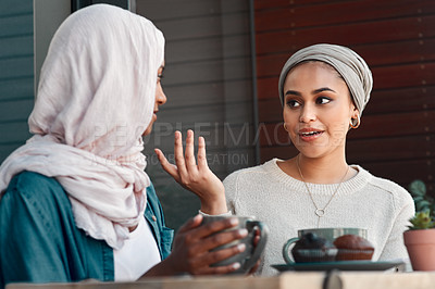 Buy stock photo Gossip, coffee and smile with Muslim women in cafe for conversation, food and social. Friends, relax and culture with arabic female customer in restaurant for discussion, happiness and meeting