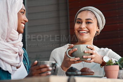 Buy stock photo Friends, coffee and laugh with Muslim women in cafe for conversation, food and social. Happy, relax and culture with portrait of female customer in restaurant for discussion, happiness and meeting