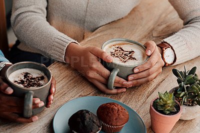 Buy stock photo Latte cup, people hands and art in customer services, restaurant creativity and hospitality or food industry for inspiration. Cafe shop, women closeup and espresso, chocolate cupcake and coffee drink