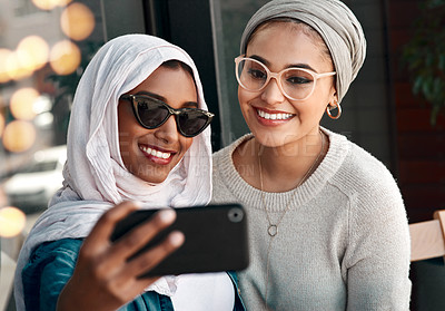 Buy stock photo Selfie, happy muslim and women or friends  in city for social media, influencer content creation and fashion blog. Young gen z people in Saudi Arabia with profile picture, photography and sunglasses