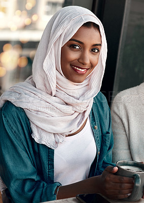 Buy stock photo Muslim woman, coffee shop and portrait for happy customer, morning relax and restaurant. Face of young islamic person in hijab with tea, latte or drink at cafe for hospitality industry