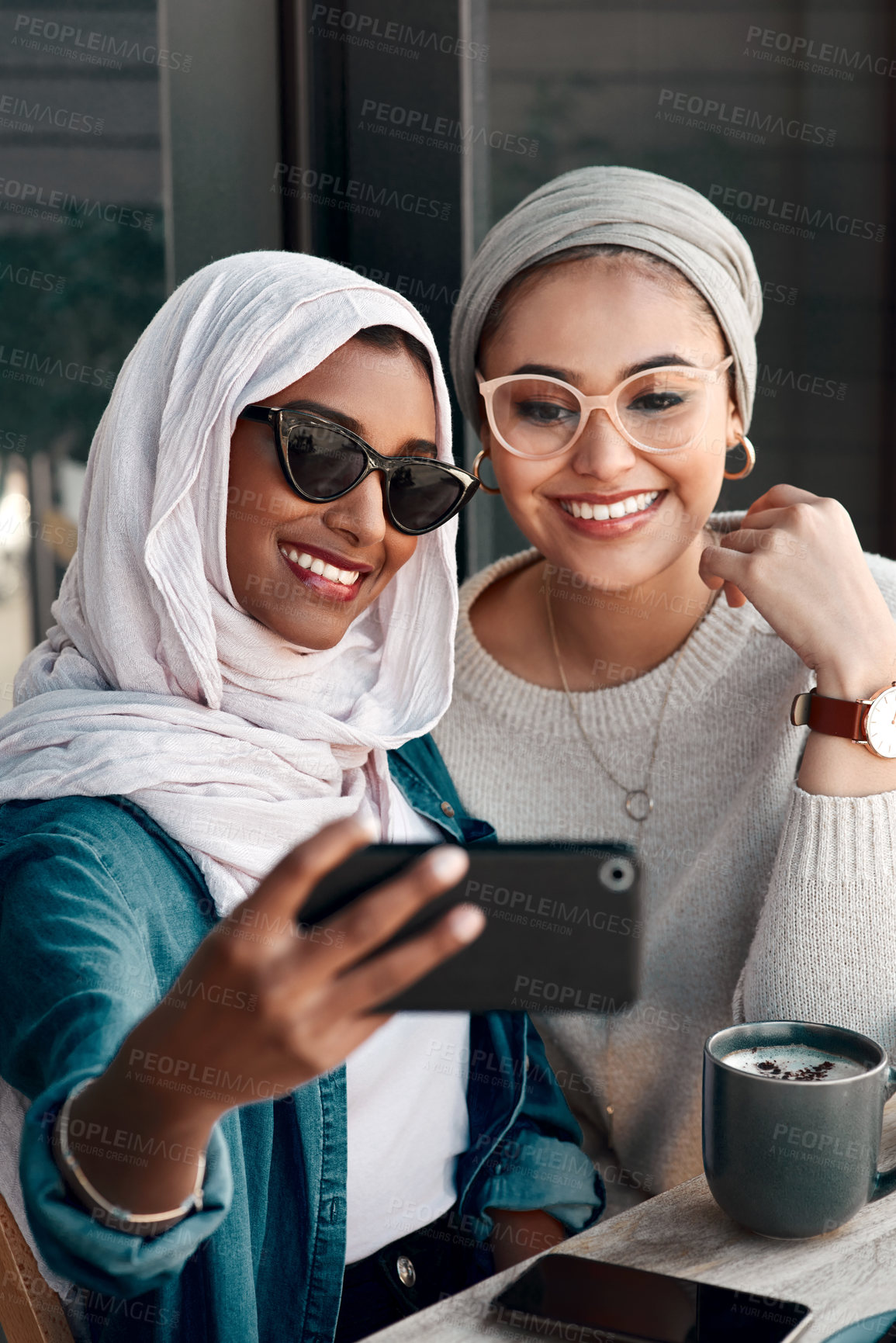 Buy stock photo Coffee shop, couple of friends and selfie for social media, customer experience or influencer content creation. Gen z people or young islamic women, profile picture photography and cafe or restaurant