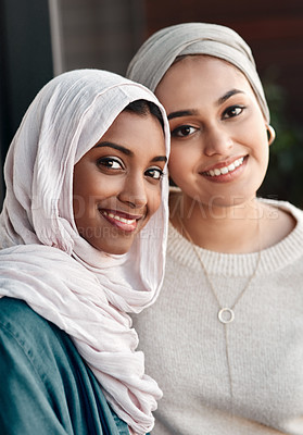 Buy stock photo Islamic women, happy portrait and friends for cafe date with fun together, reunion and support. Muslim people, smile and relaxing in coffee shop with loyalty in relationship, bonding and trust