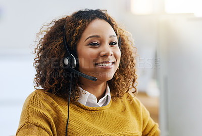 Buy stock photo Virtual assistant, crm or friendly woman in call center consulting, speaking or talking at customer services. Communication, friendly or sales consultant in telemarketing or telecom company help desk