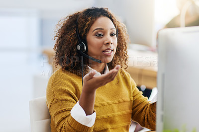 Buy stock photo Virtual assistant, crm or woman in call center consulting, speaking or talking at customer services office. Communication, explain or sales consultant in telemarketing or telecom company help desk 