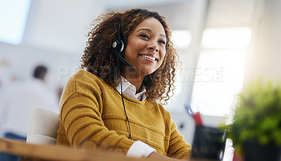 Buy stock photo Happy african woman, call center agent or listen on voip headset for consulting, communication or contact. Girl, customer service or tech support crm with smile, headphones or microphone at help desk