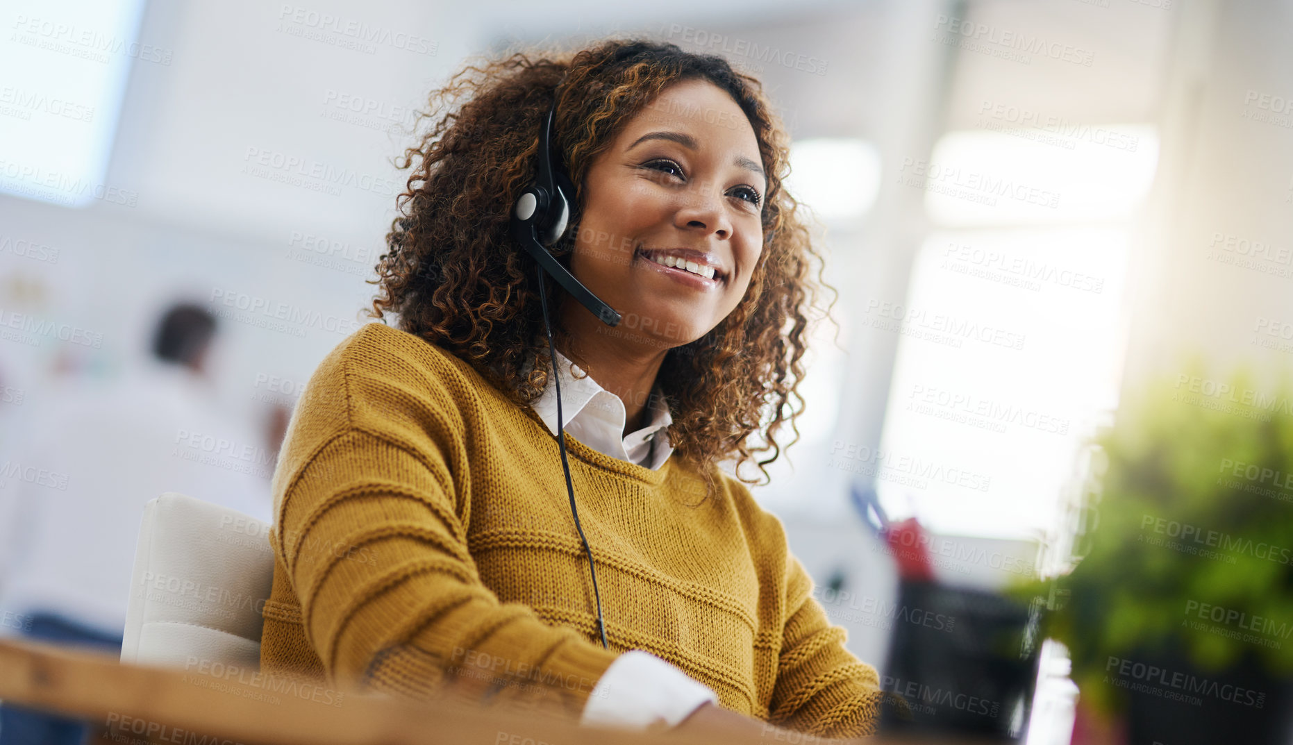 Buy stock photo Happy african woman, call center agent or listen on voip headset for consulting, communication or contact. Girl, customer service or tech support crm with smile, headphones or microphone at help desk
