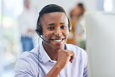 Buy stock photo Virtual assistant, portrait or happy black man in call center consulting or talking at customer services. Communication, friendly smile or face of sales agent on mic in telemarketing or telecom desk 