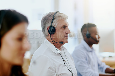 Buy stock photo Virtual assistant, consultant or senior man typing in call center consulting at customer services help desk. Contact us, blurry or mature sales agent in telemarketing, crm or online telecom company 