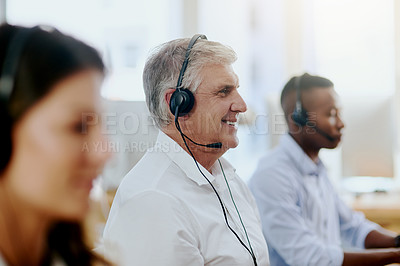 Buy stock photo Virtual assistant, happy or senior man typing in call center consulting at customer services help desk. Contact us, blurry or friendly mature sales agent in telemarketing or online telecom company