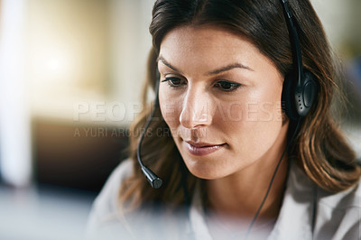 Buy stock photo Communication, face or woman in call center consulting, speaking or talking at customer services. Virtual assistant, focused or serious sales consultant in telemarketing or telecom company help desk 