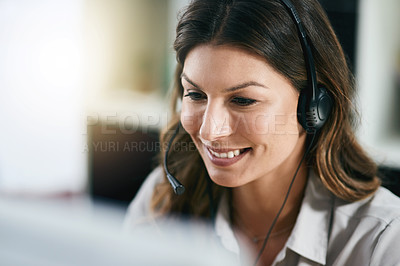 Buy stock photo Communication, face or happy woman in call center consulting, speaking or talking at customer services. Virtual assistant, friendly or sales consultant in telemarketing or telecom company help desk 