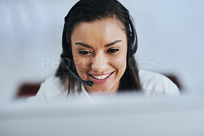 Buy stock photo Face, laughing or happy woman in call center consulting, speaking or talking at customer services. Virtual assistant, friendly or funny sales consultant in telemarketing or telecom company help desk 