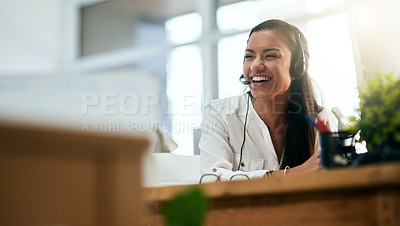 Buy stock photo Laughing, virtual assistant or happy woman in call center consulting, speaking or talking at help desk. Smile, friendly or funny sales consultant in telemarketing customer services or telecom company