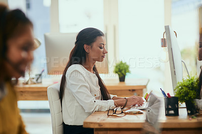 Buy stock photo Coworking, office or woman typing on computer networking on business project or online research at desk. Person, focus or female worker copywriting on blog report or internet article in workplace