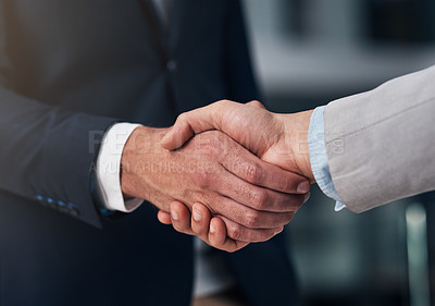 Buy stock photo Handshake, hiring and hands of business men in office for partnership, recruitment deal and thank you. Corporate, collaboration and male workers shaking hands for onboarding, agreement and teamwork