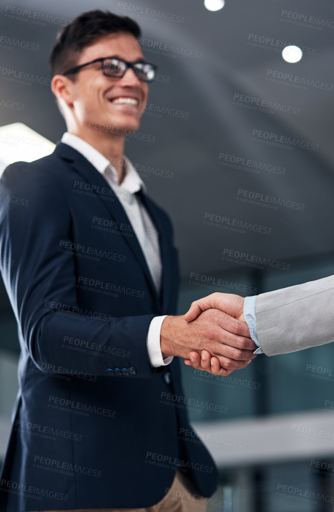 Buy stock photo Collaboration, handshake and business men in office for partnership, recruitment deal and thank you. Corporate, agreement and happy male workers shaking hands for onboarding, support and teamwork