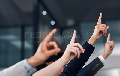 Buy stock photo Question, ask and hands of business people in meeting for feedback in presentation, workshop and training. Corporate office, audience and workers raising hand for seminar, tradeshow and conference