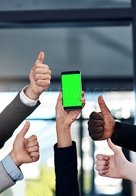 Buy stock photo Green screen, thumbs up and hands of business people with phone for website, contact us and mobile app. Mockup screen, smartphone and office workers with yes sign for branding, advertising and space