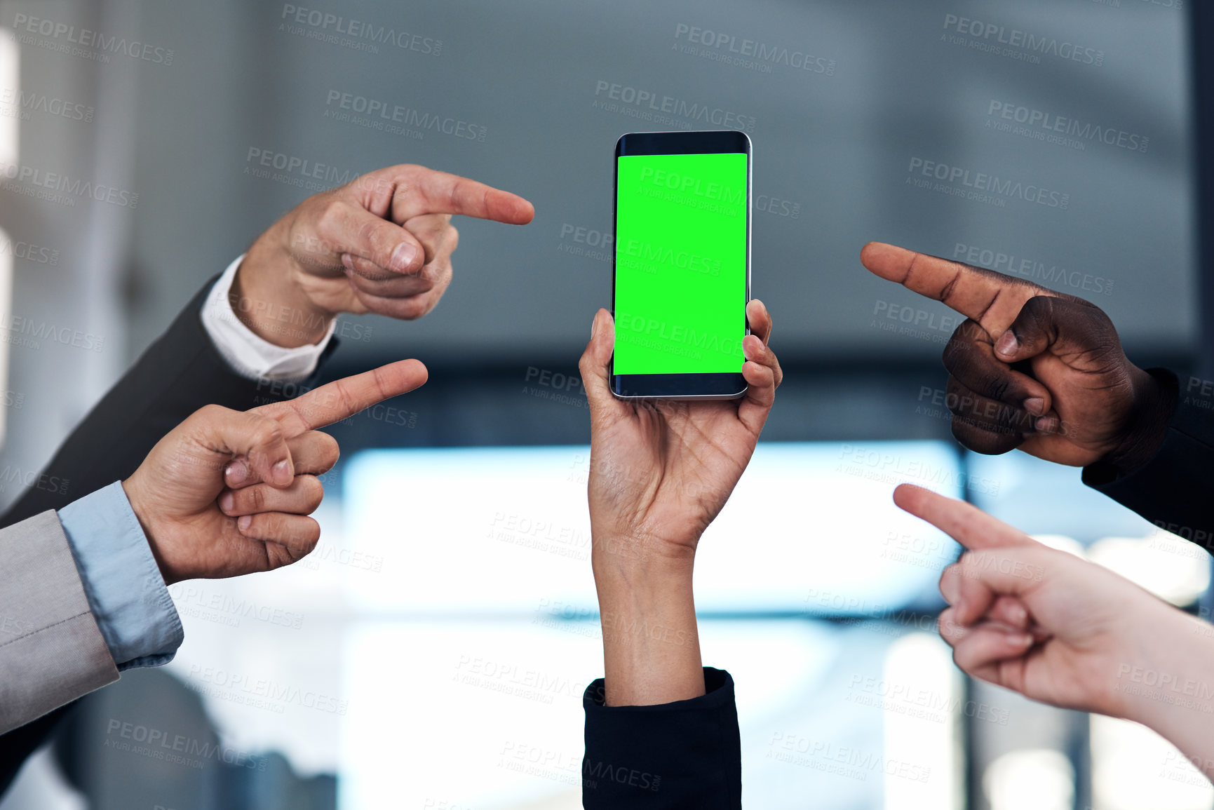 Buy stock photo Green screen, pointing and business people with phone in office for branding, contact us and mobile app. Mockup space, communication and hands point for social media, advertising or website promotion