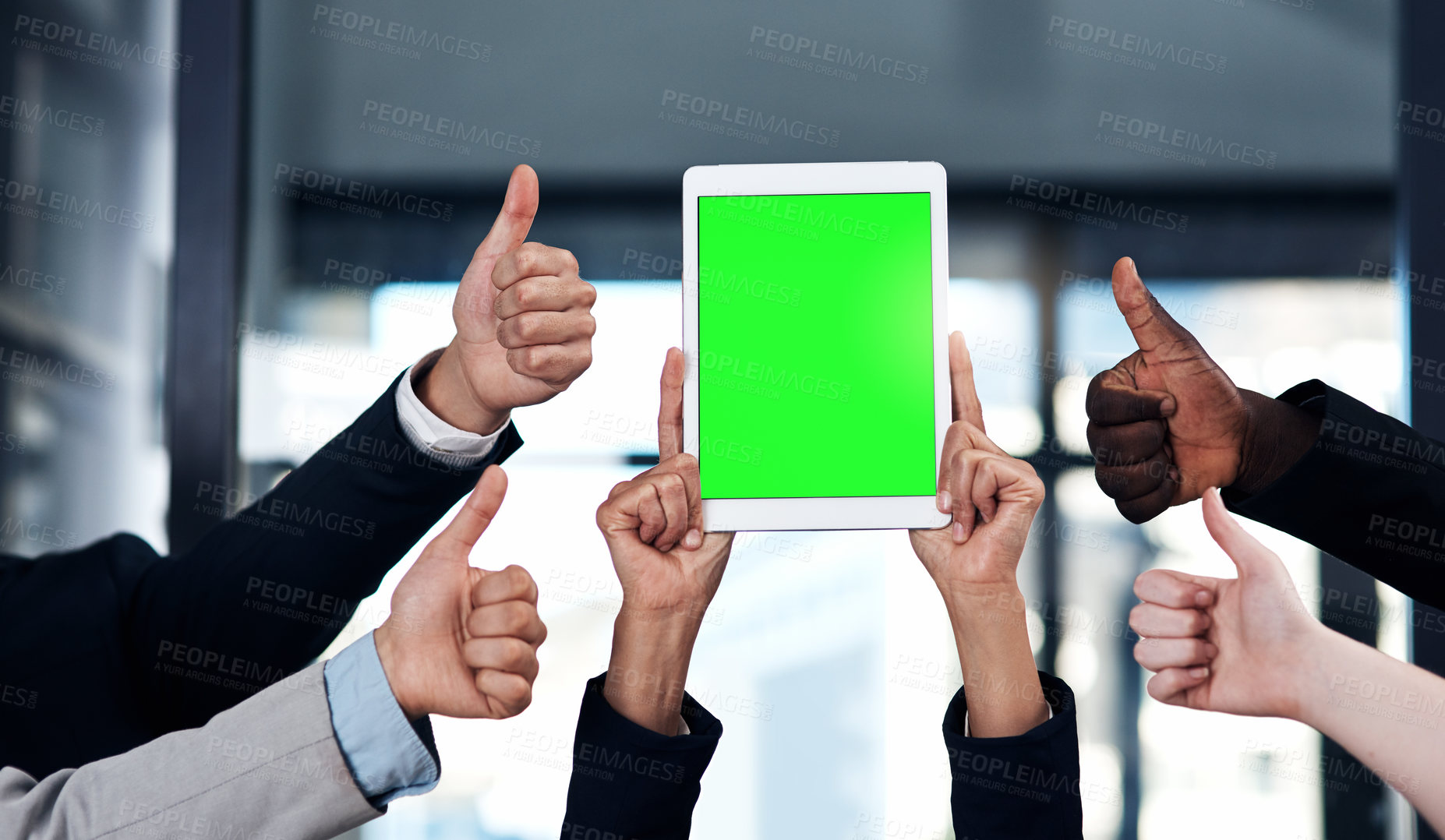 Buy stock photo Green screen, thumbs up and business people on tablet for branding, contact us and online app. Mockup space, digital tech and hands with like or approval for social media, advertising and website