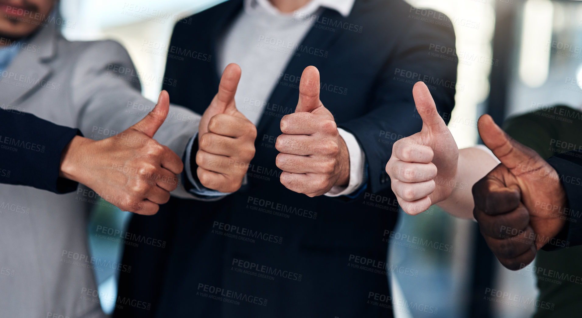 Buy stock photo Approve, thumbs up and hands of business people in office for feedback, good news and agreement. Corporate diversity, teamwork and group of workers with like gesture for thank you, support and yes