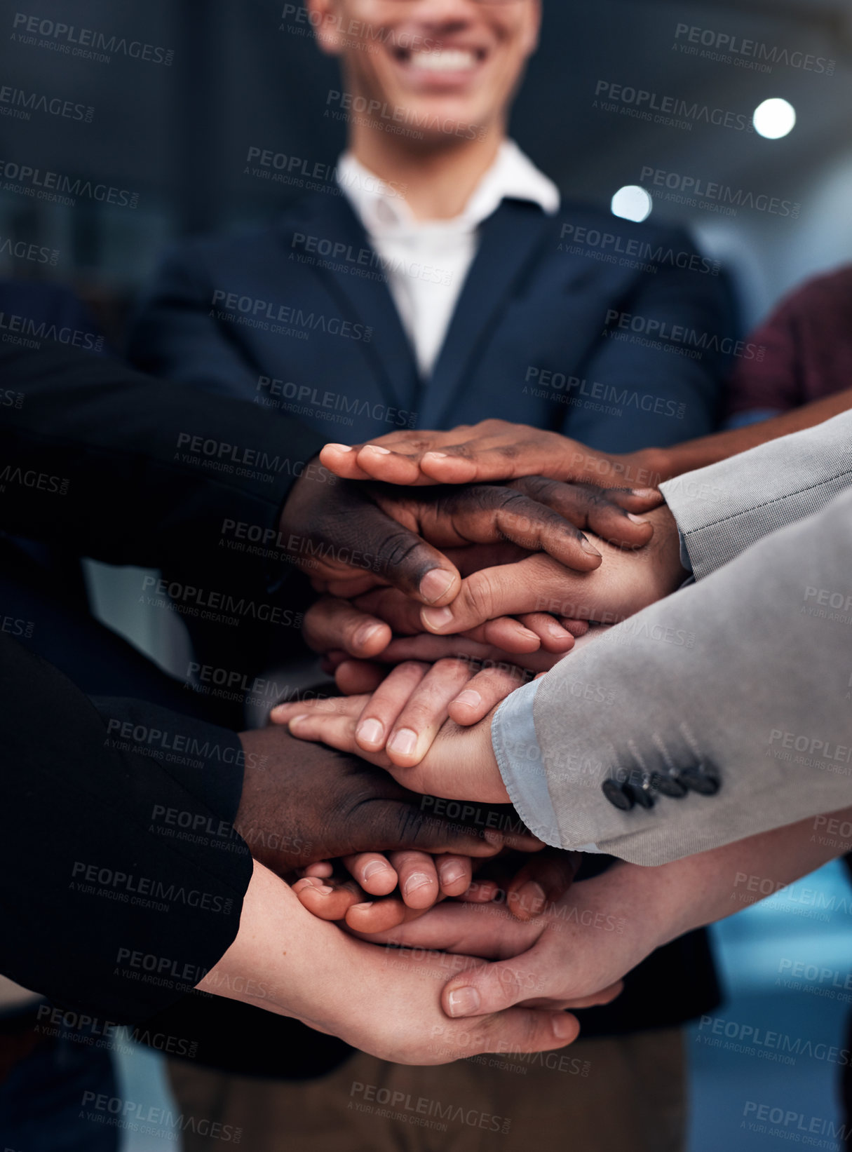 Buy stock photo Teamwork, support and hands stack of business people in office for celebration, team building and community. Corporate, diversity and workers with hand together for solidarity, success and goal