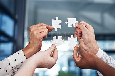 Buy stock photo Business hands, teamwork and puzzle for group problem solving, objectives and integration with project solution. People in circle with creative game for cross departmental collaboration and workflow