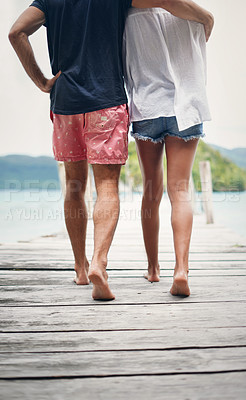 Buy stock photo Couple, relax walking and beach deck on holiday with freedom and love in summer in Thailand. Tropical nature, sea and back of people on a boardwalk walk in the sun on vacation break by ocean water