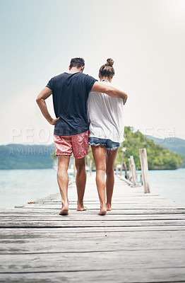 Buy stock photo Couple, walking and beach deck on holiday with freedom and love in summer in Thailand. Tropical nature, sea and back of people on a boardwalk walk in the sun on vacation break by the ocean and water