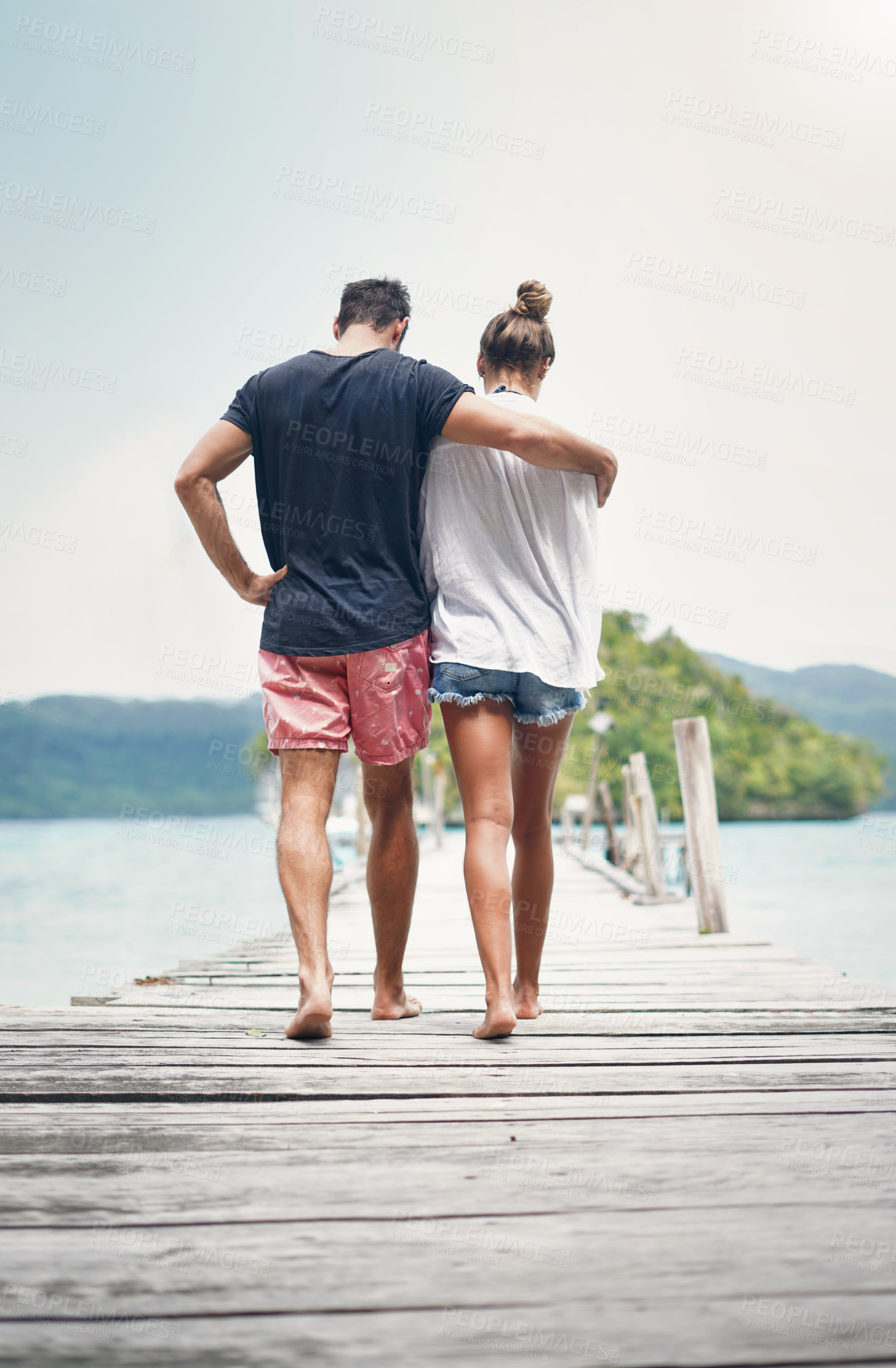 Buy stock photo Couple, walking and beach deck on holiday with freedom and love in summer in Thailand. Tropical nature, sea and back of people on a boardwalk walk in the sun on vacation break by the ocean and water