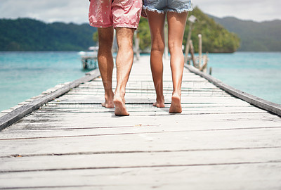 Buy stock photo Couple legs, walking and deck on a tropical island on vacation with freedom by sea. Ocean, beach and Thailand walk of a man back and woman together with love in summer on a holiday outdoor in sun