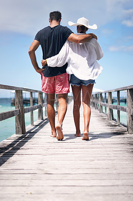 Buy stock photo Couple legs, walking and beach deck on a tropical island on vacation with freedom by sea. Ocean, relax and walk of a man back and woman together with love in summer on a holiday outdoor in sun