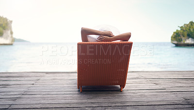 Buy stock photo Travel, vacation and relax in beach, chair and holiday for summer, person and blue sky in nature. Water, sea and tourist in tropical, destination and deck of wood, outdoor and hat for Maldives