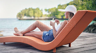 Buy stock photo Chair, ocean and woman relax with a drink outdoor on a vacation, holiday or adventure in nature. Female person on tropical lounger, travel and deck with lake water in summer for zen, peace and calm