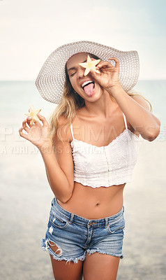 Buy stock photo Beach, travel and woman with a star, pineapple and tropical island with happiness and vacation. Female person, happy girl and tourist with holiday getaway, ocean and food with joy, smile and summer