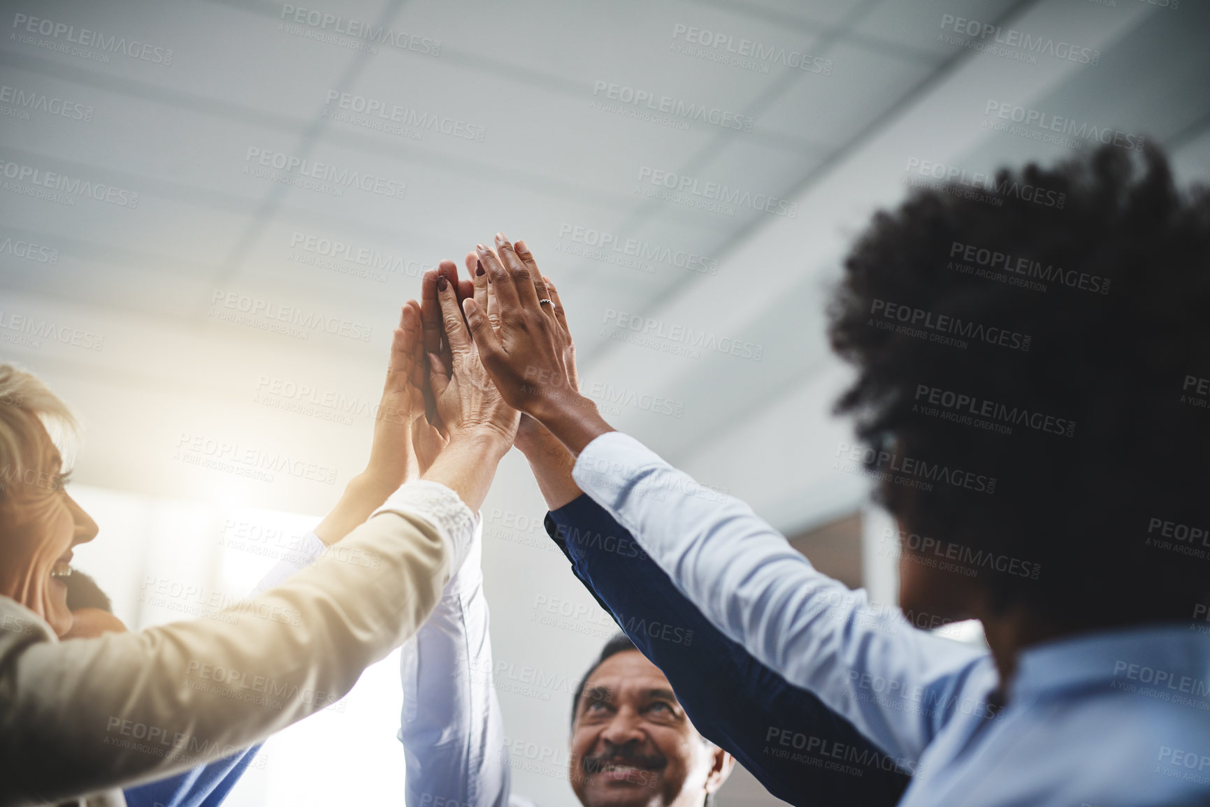 Buy stock photo Business people, high five or hands together for success, support or meeting for corporate goals. Mission, group or partnership with collaboration for teamwork, target or staff synergy for motivation