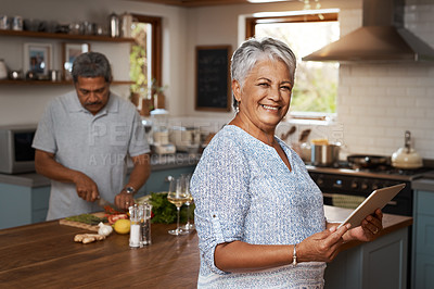 Buy stock photo Portrait of old woman at kitchen counter with man, tablet and cooking healthy food together in home. Digital recipe, smile and senior couple with meal prep, happiness and wellness diet in retirement.