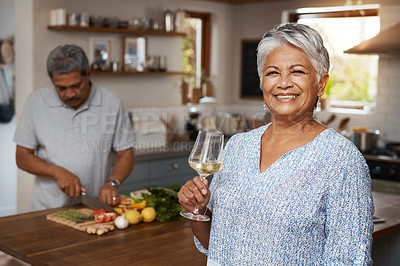 Buy stock photo Portrait of senior woman with wine, man and cooking healthy food in kitchen together in home. Drink, smile and old couple in house with meal prep, happiness and wellness diet for lunch in retirement.