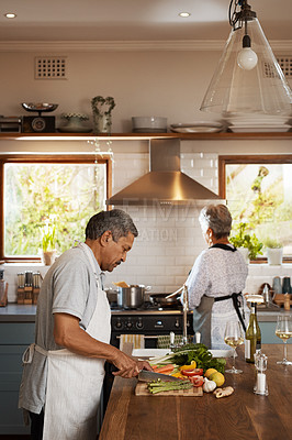 Buy stock photo Help, vegetables and old man with woman at kitchen counter, cooking and healthy marriage bonding in home. Marriage, love and food, senior couple at meal prep time for vegetable dinner in retirement.