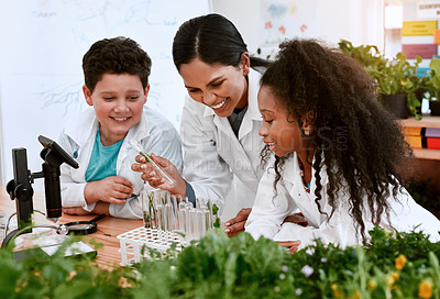 Buy stock photo Children, teacher and school with plants in classroom for education, science and environmental awareness. People, students and happy with test tube for crop experiment, research and knowledge at lab