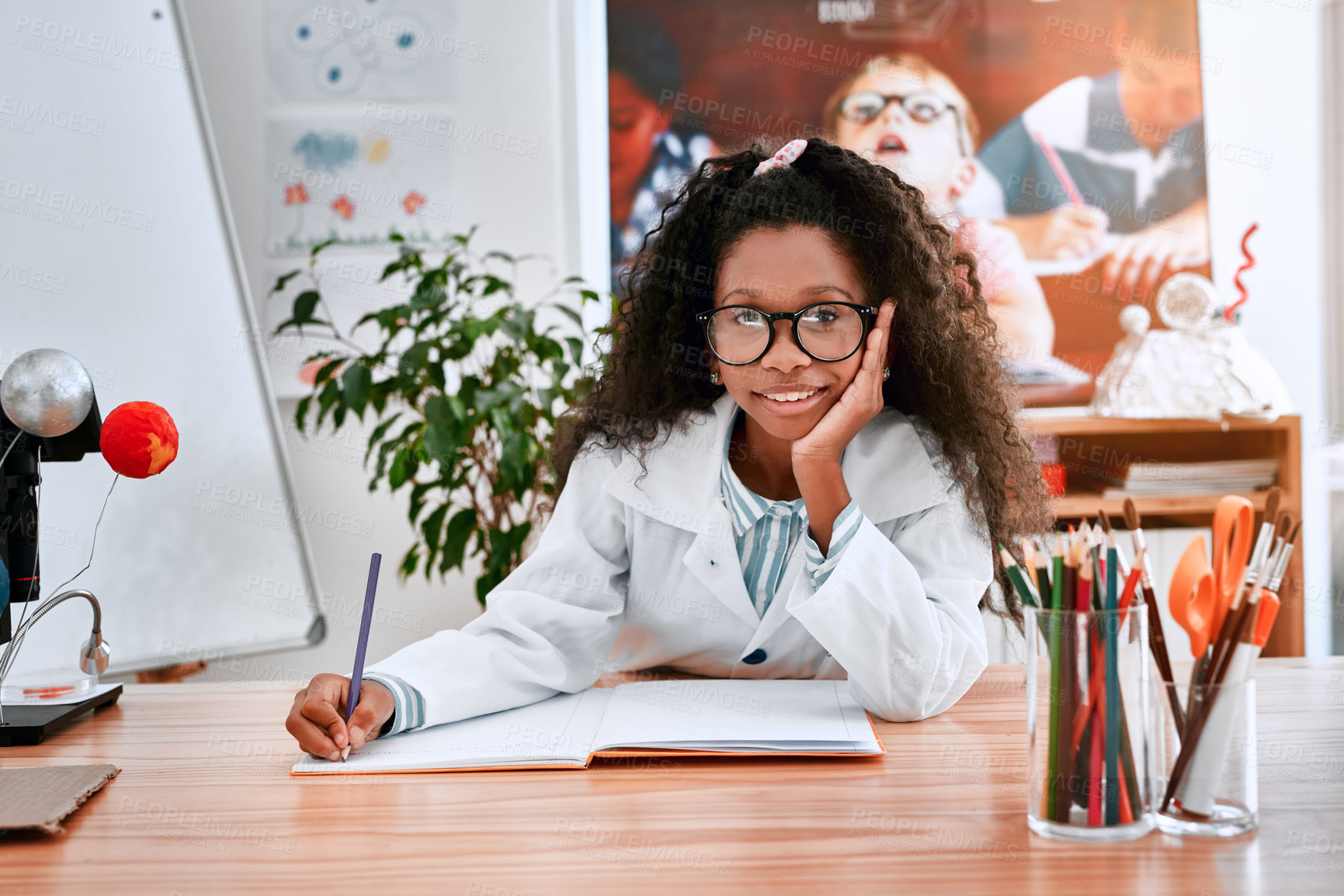 Buy stock photo Girl, portrait and science in school classroom, education and learning or student with notebook or documenting results. Childhood development, growth and academic study, pencil and writing for lesson