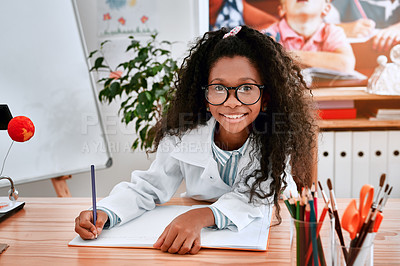 Buy stock photo Girl, school and portrait in science class, education and learning or student with notebook or documenting results. Childhood development, growth and academic study, pencil and writing for lesson