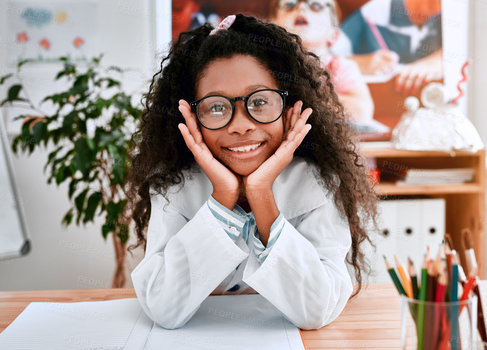 Buy stock photo African girl, lab coat and portrait in classroom with smile, glasses and learning for development. Child, happy and education for science with notebook for studying, growth and progress at academy