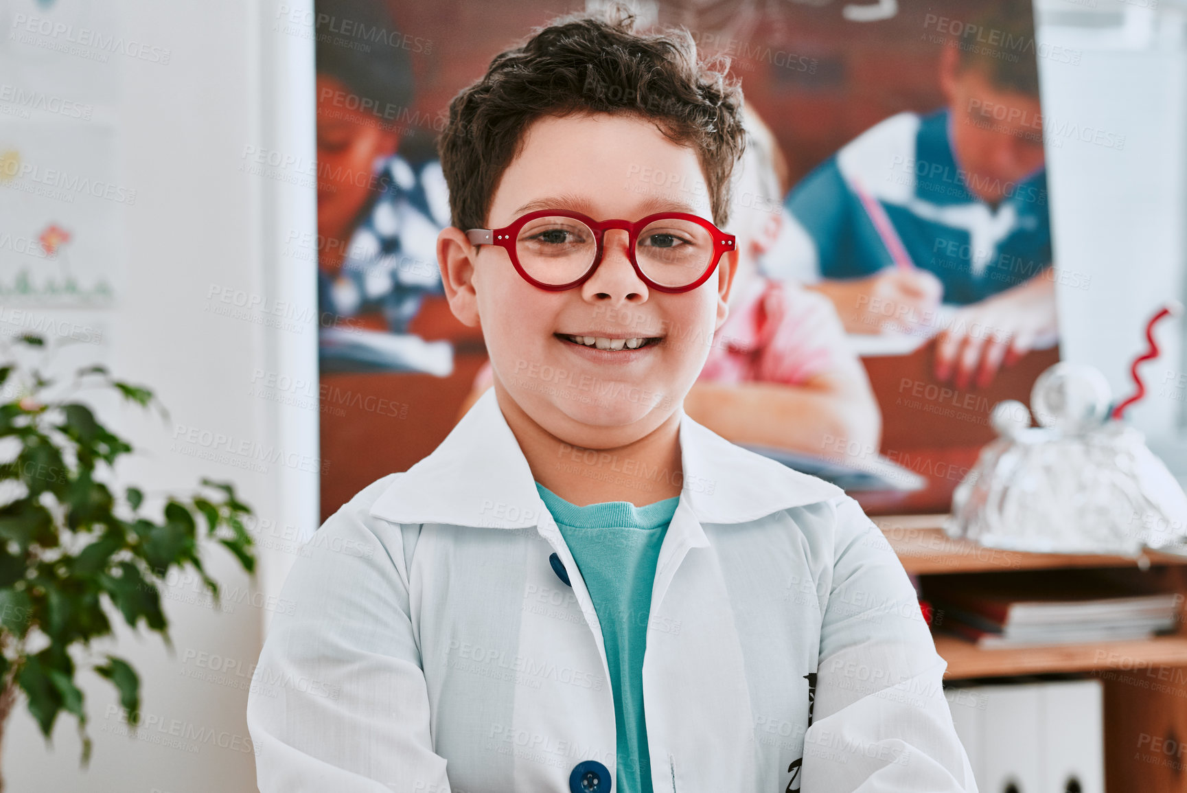 Buy stock photo Portrait, child and boy in lab coat for learning, education or knowledge at primary school. Face, student and happy kid in science classroom with glasses for development or study chemistry in Germany