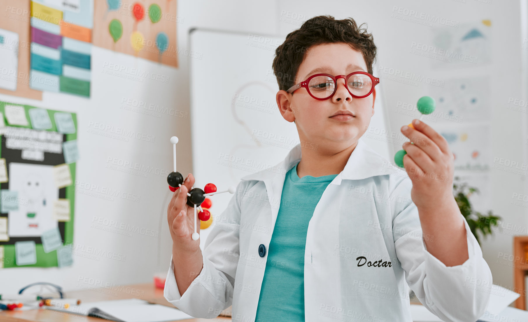 Buy stock photo Education, molecule and science with boy student in laboratory for experiment or discovery. Clever, genius and intelligent with scientist kid at school for child development, learning or study