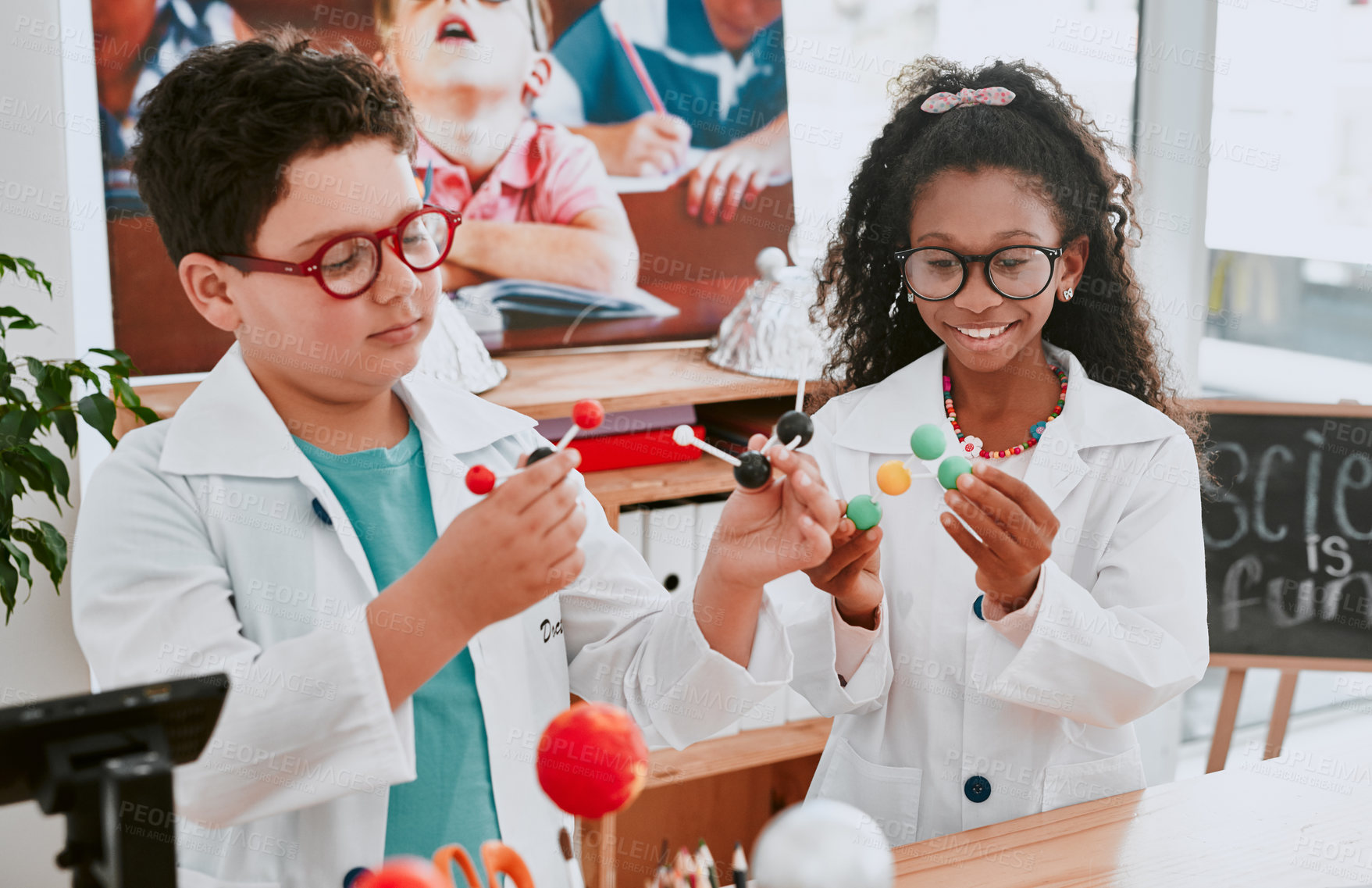 Buy stock photo Boy, girl and science with molecule at school with thinking, glasses and learning for development. Child, particles and education for lab coat with idea for studying, growth or progress at academy