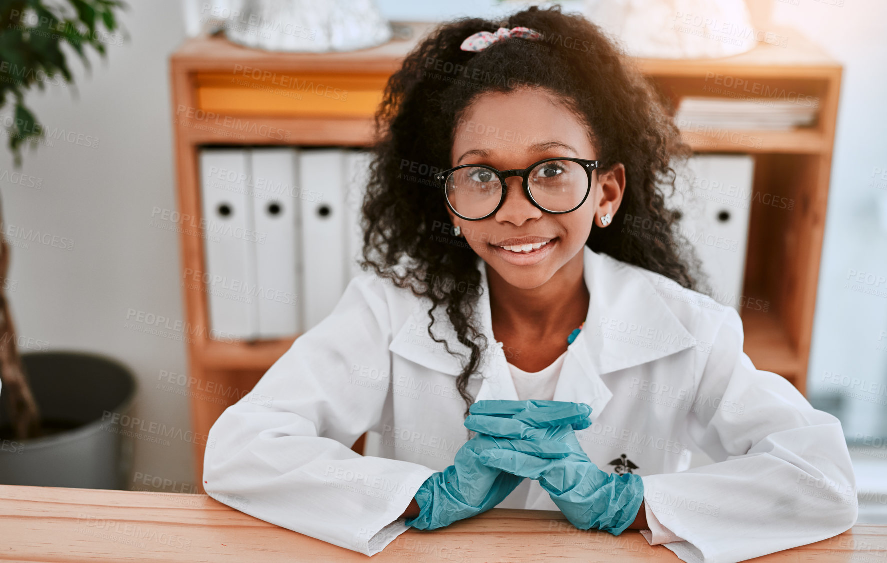 Buy stock photo African girl, portrait and kid in lab coat for learning, education or knowledge at primary school. Face, student and happy child in science class with glasses for development and studying physics